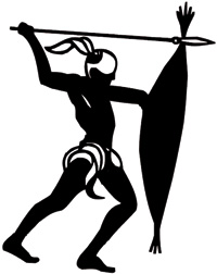 The logo of Umkhonto weSizwe (MK) which displays a person holding a shield and throwing a spear.