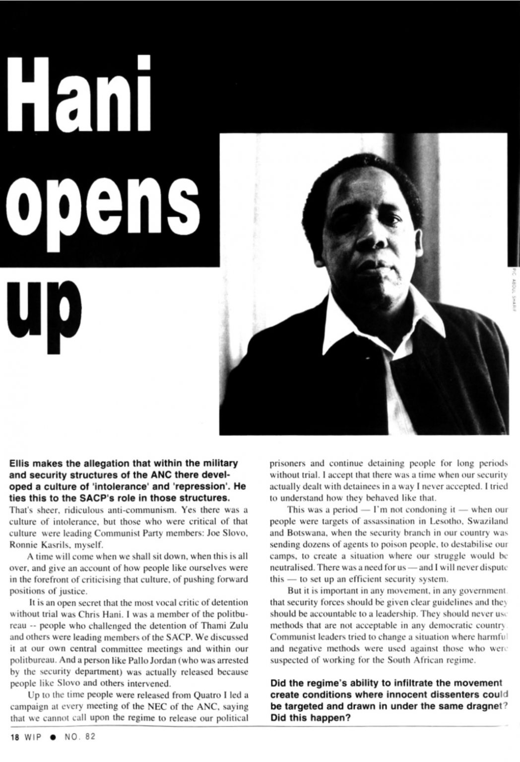 Article from Work in Progress magazine from June 1992 on Chris Hani.