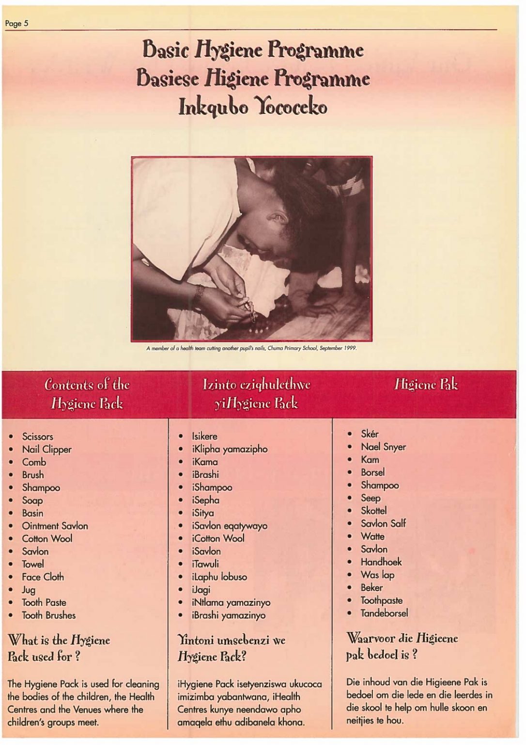 Article on Basic Hygiene Programme from Voice of the Children, Sept 1999.