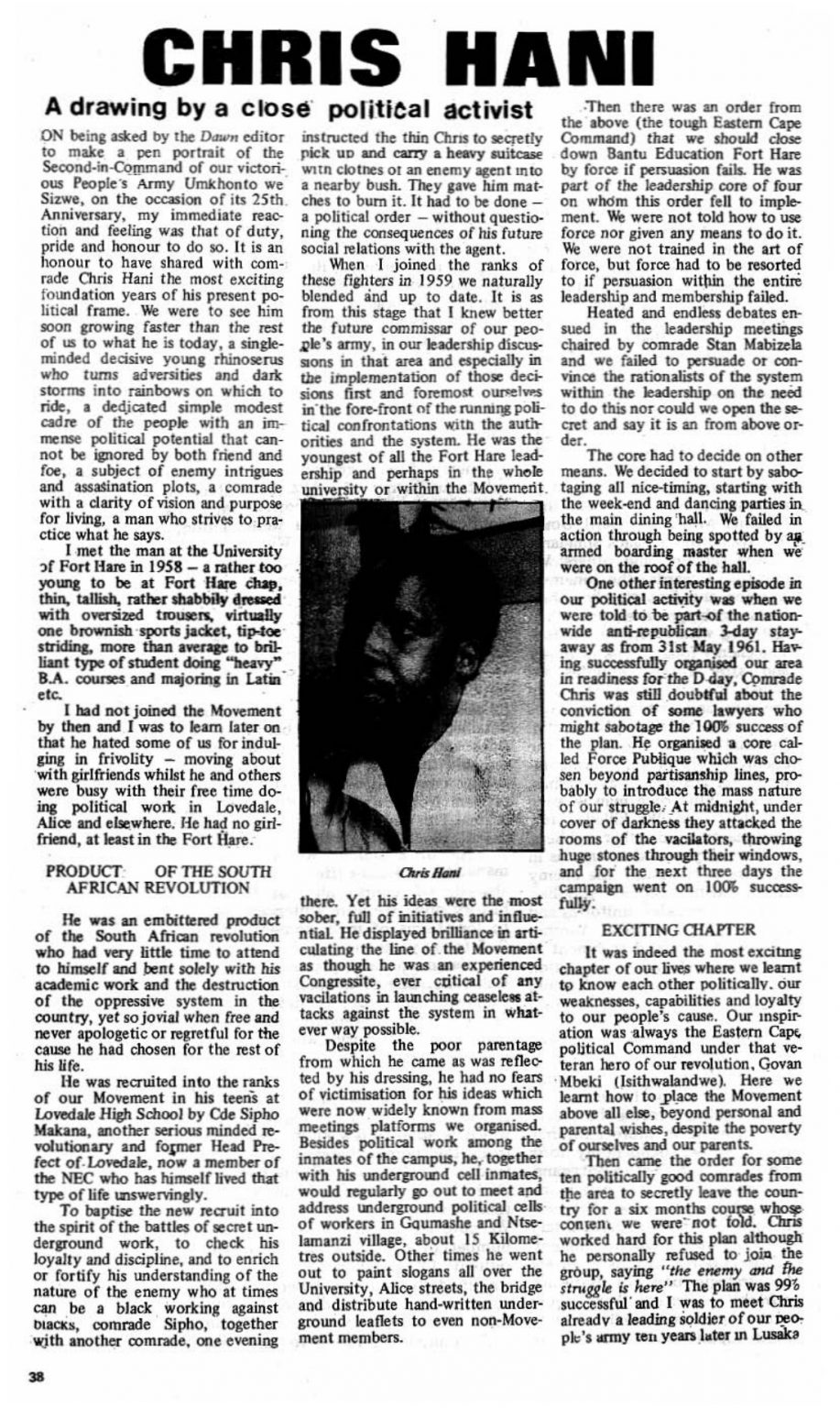 Excerpt from Dawn titled Chris Hani, a drawing by a close political activist