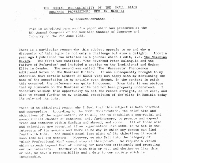 Article by Kenneth Abrahams, The Social Responsibility of the Small Black Business Professional Men in Namibia from The Namibian Review: A Journal of Contemporary South West African Affairs, No.28 (Ap-June 1983).