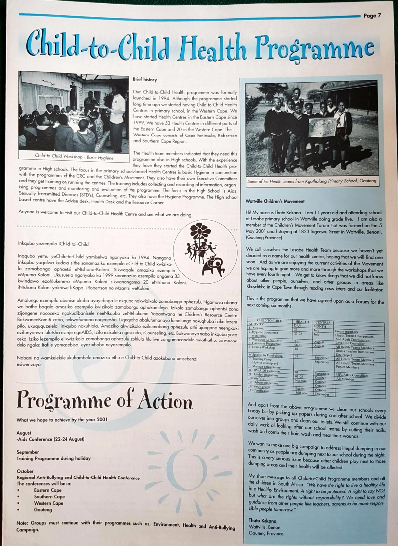 Article on Child to Child Health Programme from Voice of the Children newsletter, August 2001