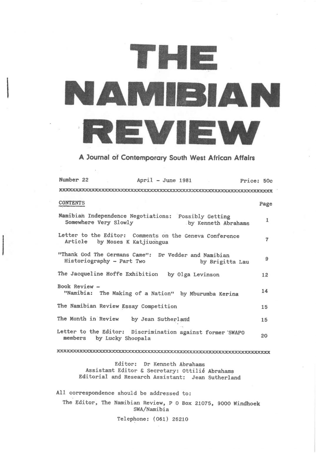 Cover of The Namibian Review. no. 22