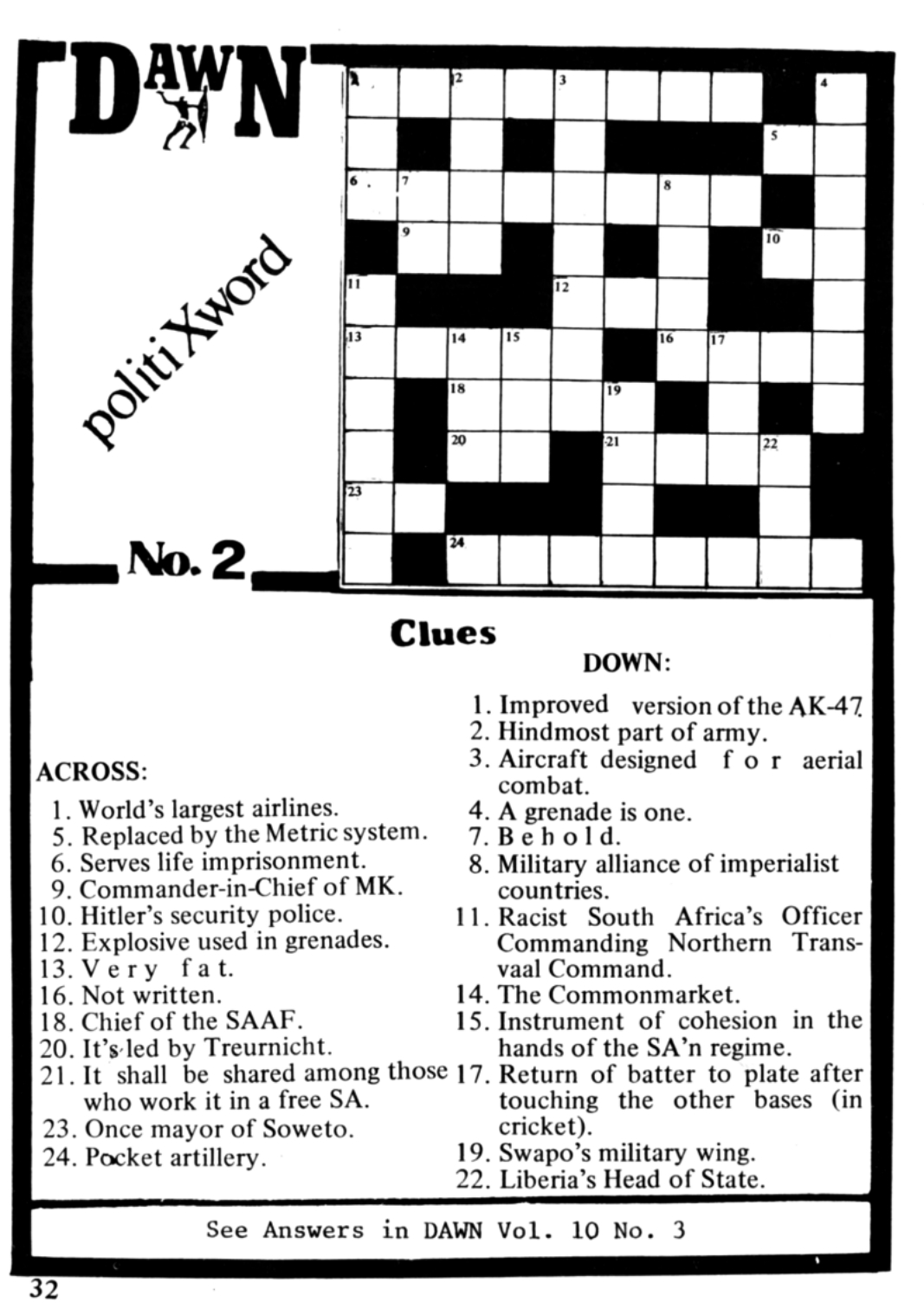 Crossword from the journal Dawn, 1986.