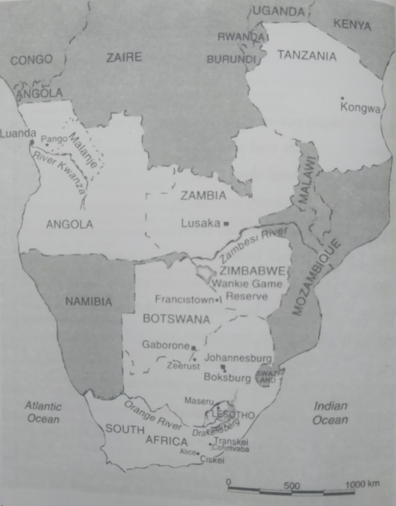 Map of southern Africa, marking important places in Chris Hani's life.