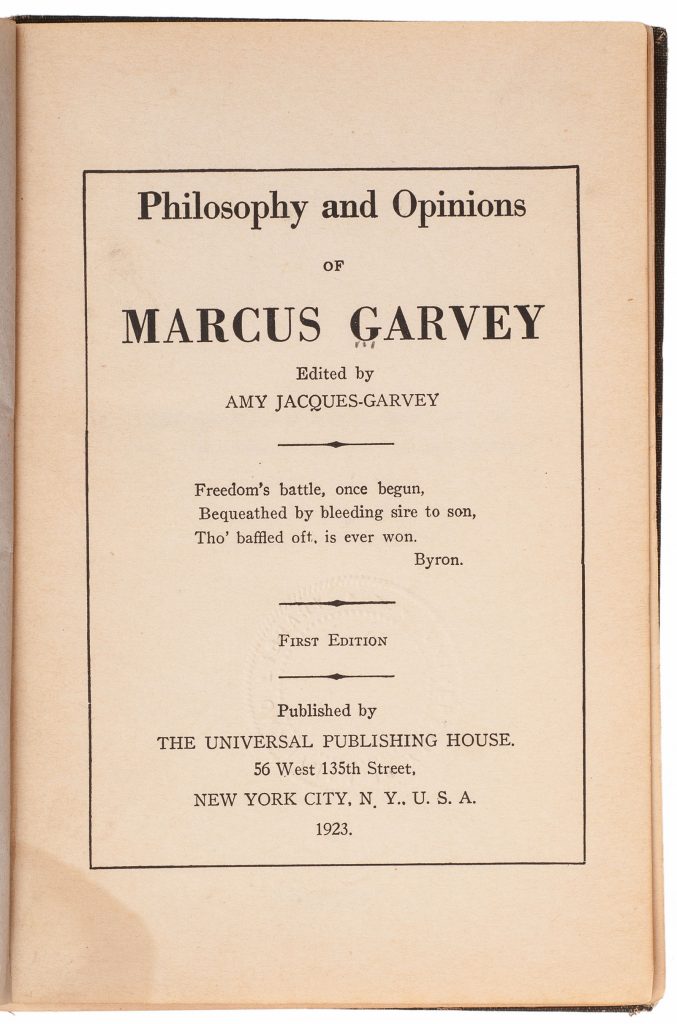 Title page from first edition of Philosophy and Opinions of Marcus Garvey