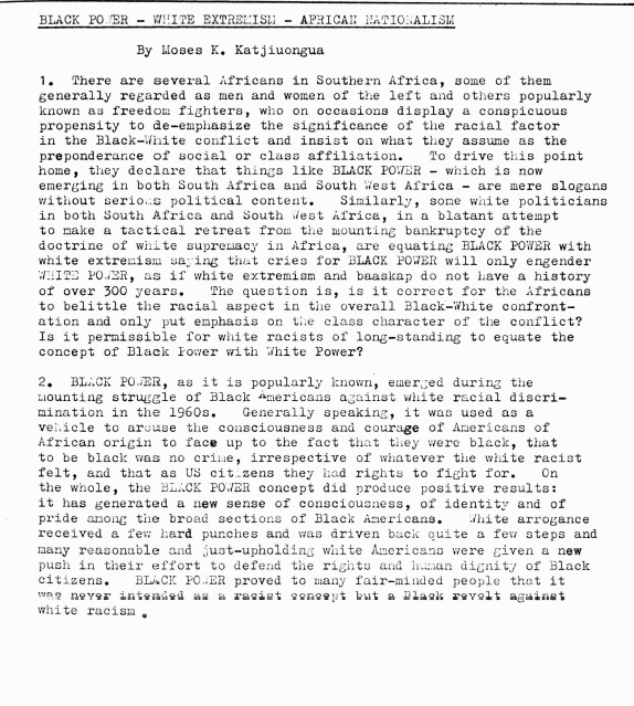 Article by Moses K. Katjioungua titled Black Power, White Extremism, African Nationalism in The Namibian Review: A Journal of Contemporary South West African Affairs, No.1 (Nov 1976)