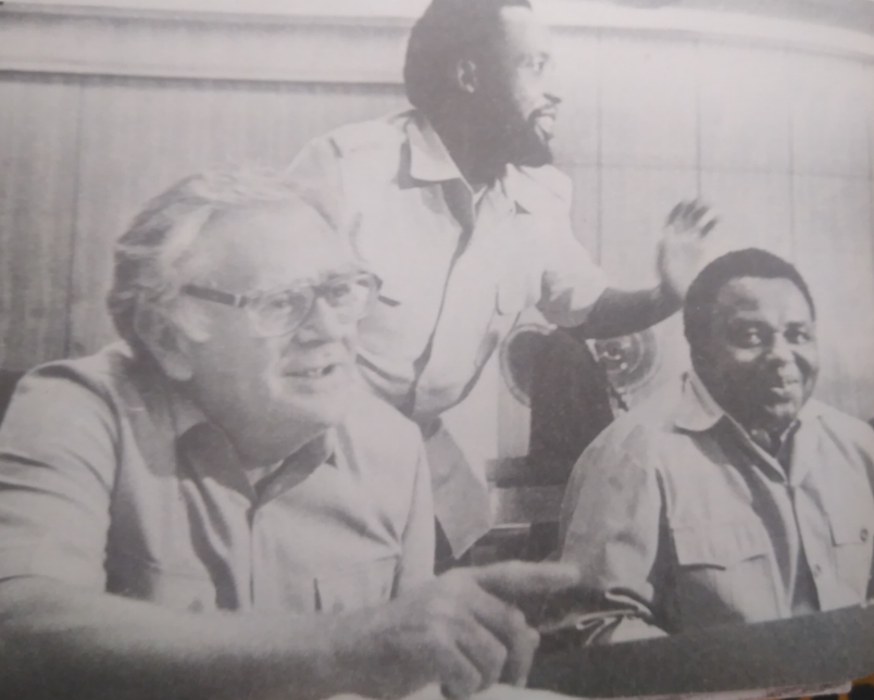 Photo of Joe Slovo, Chris Hani and Joe Modise (right) at the Kabwe Conference, 1985.