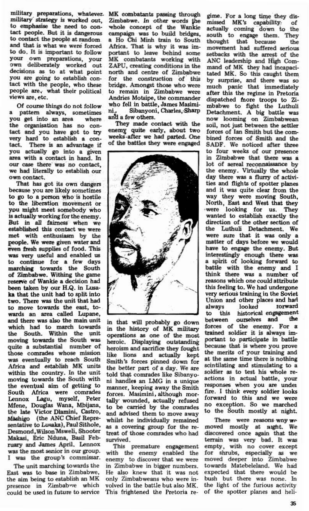 Second page of article on The Wankie Campaignas published in 1986 in the journal Dawn