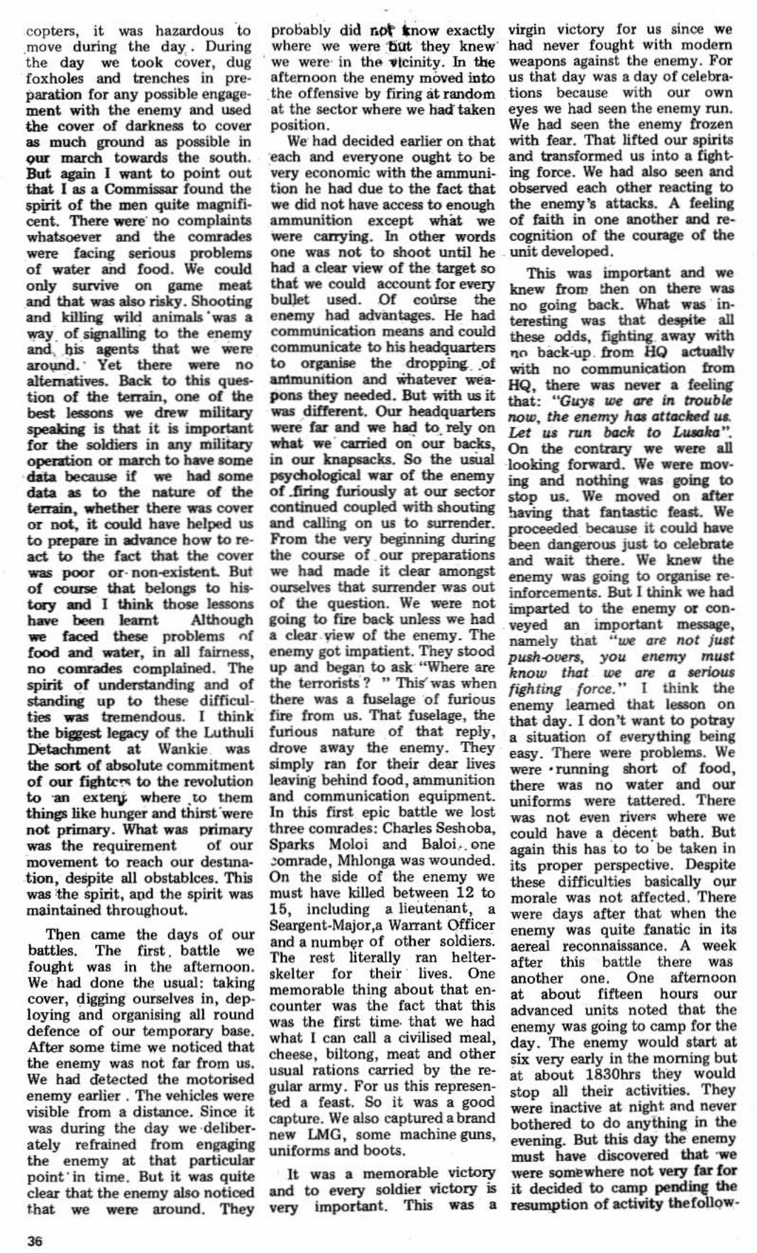 Third page of article on The Wankie Campaignas published in 1986 in the journal Dawn