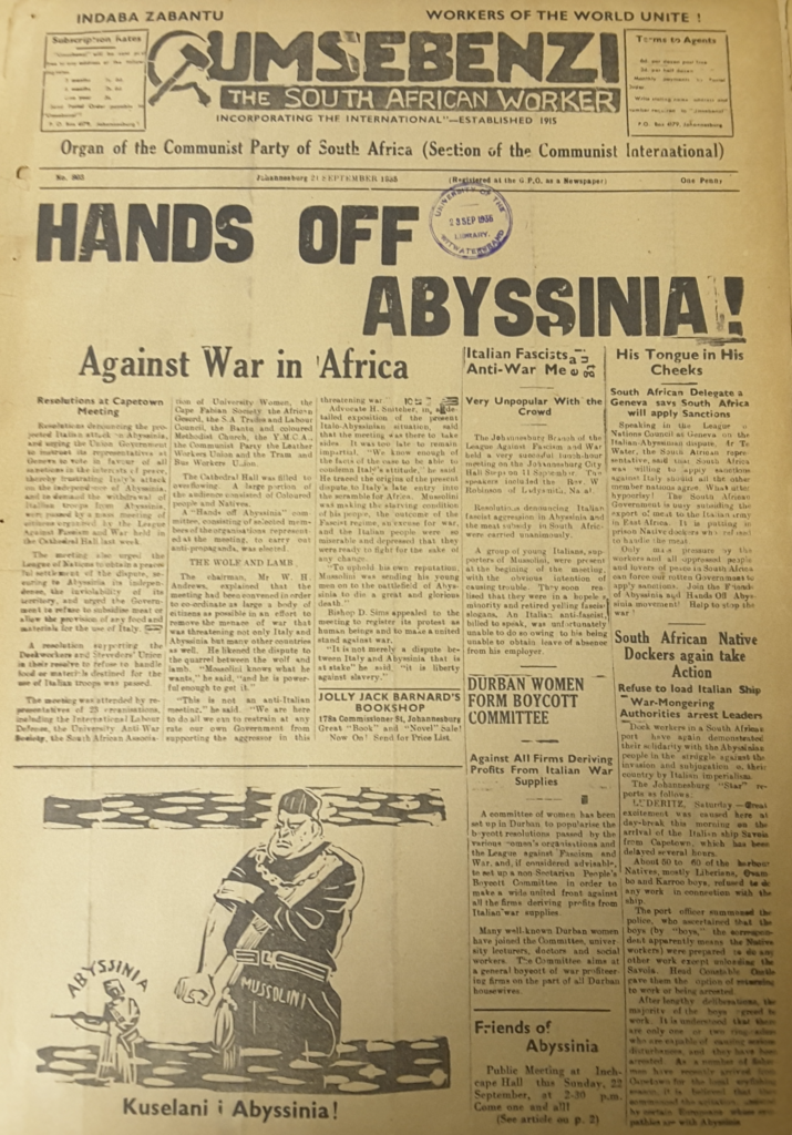Front page from the newspaper, Umsebenzi